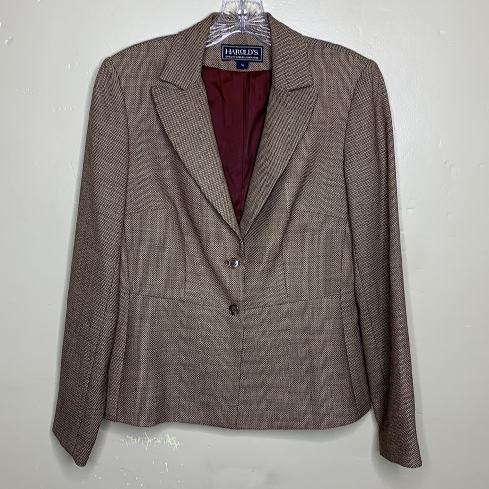 VINTAGE HAROLD’S Blazer Brown Cream WOOL Micro Dot Single Breasted Peplum 4